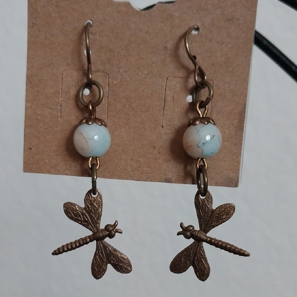 Blue and Brown Dragonfly Earrings with Textured Wings
